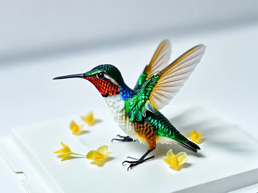 Una escultura de azúcar en repostería: minuciosa figura de colibrí con alas transparentes y pétalos coloridos