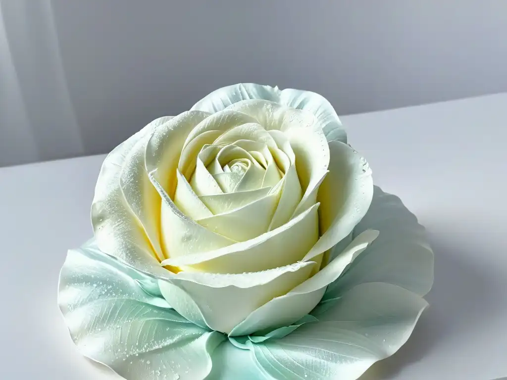 Escultura de azúcar de una rosa en flor, detallada y brillante, creada bajo condiciones de temperatura controlada