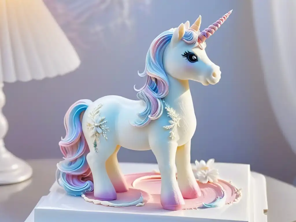 Escultura de azúcar temática de un unicornio, con detalles brillantes y colores pastel, en un ambiente mágico