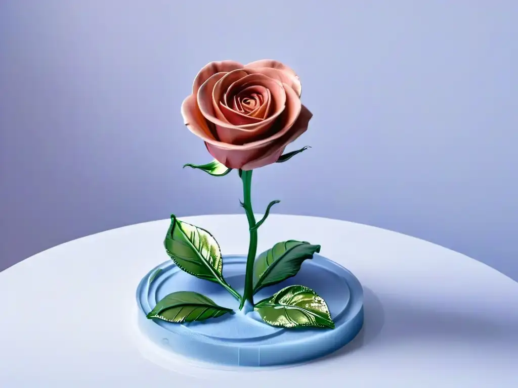 Escultura transparente de rosa en isomalt, detallada y brillante bajo suave luz ambiental