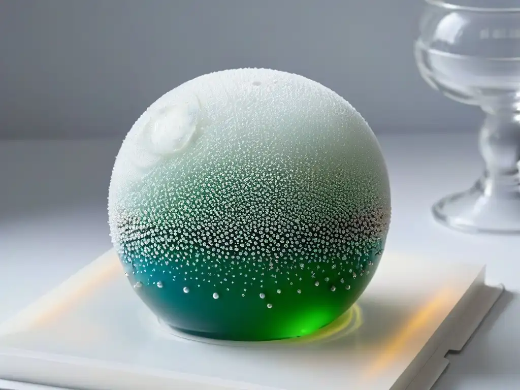 Escultura de azúcar transparente con esferas de gastronomía molecular en repostería