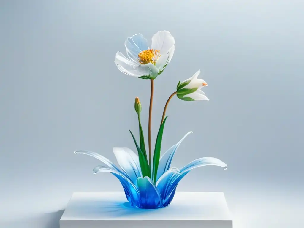 Escultura transparente de isomalt con una delicada flor en plena floración, detalles intrincados, sobre fondo blanco elegante