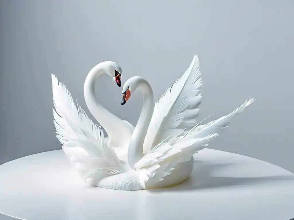 Esculturas de azúcar: Pareja de cisnes entrelazados en detalle, elegancia y belleza minimalista sobre fondo blanco