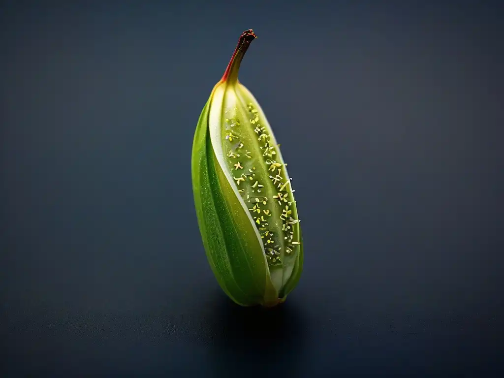 La esencia del aroma en postres: una vaina de vainilla abierta con semillas en un fondo oscuro