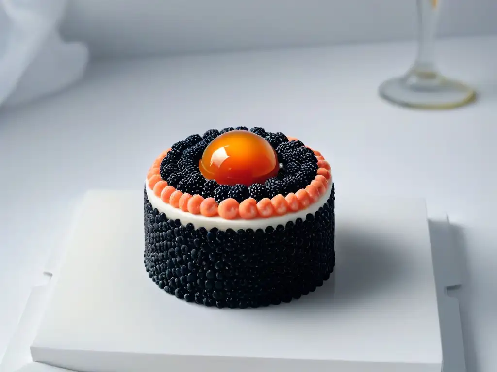 Esfera de azúcar con perlas de caviar molecular, reflejando luz en un fondo blanco