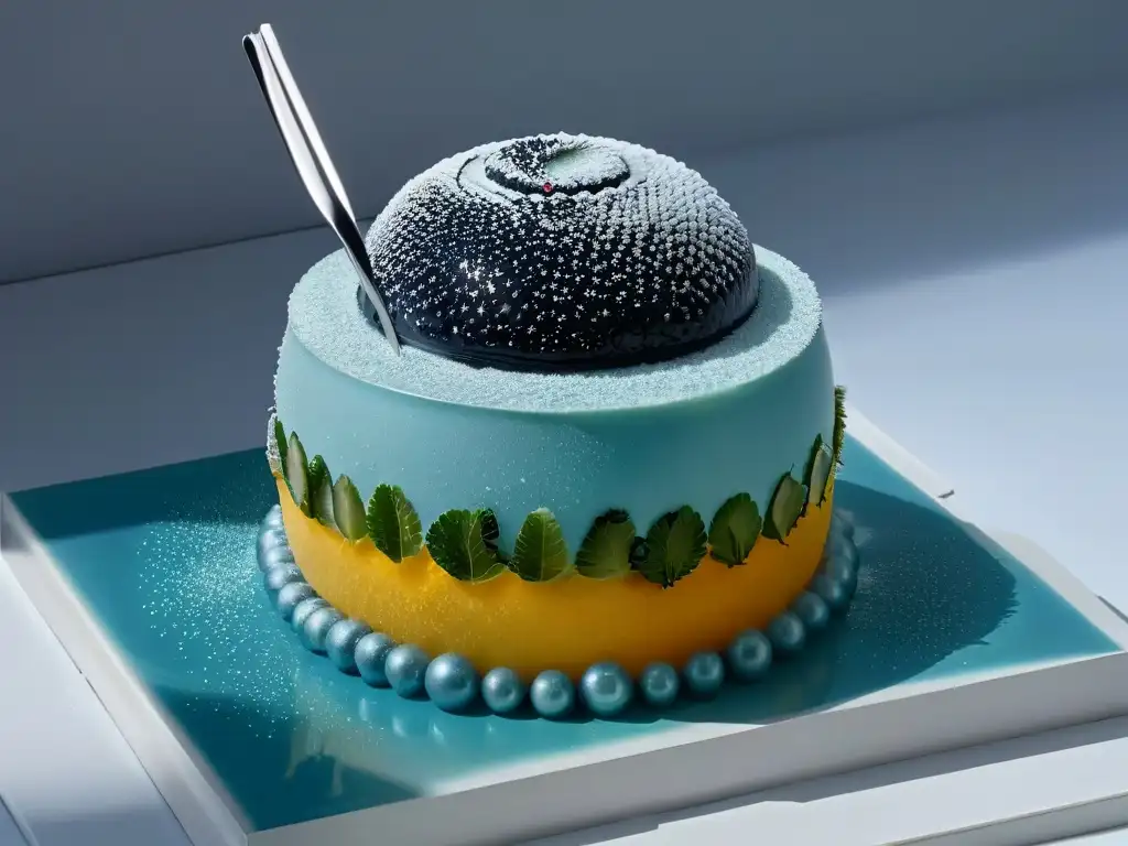 Esfera de azúcar transparente con caviar de frutas en técnicas innovadoras repostería molecular