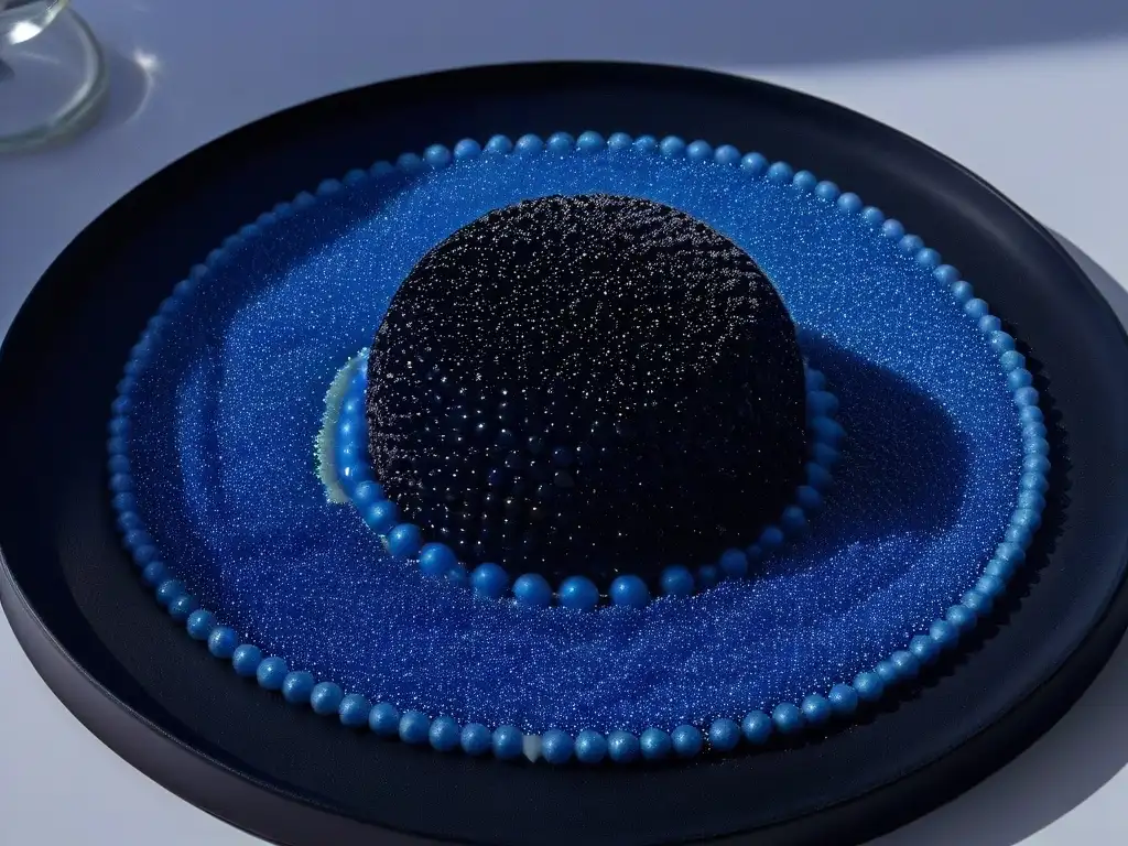 Esfera de azúcar transparente con caviar de arándano en plato negro mate