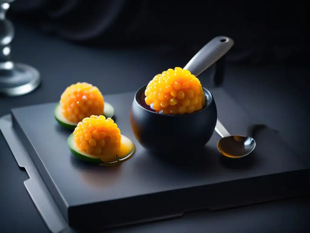 Esfera de caviar de mango en cuchara de postre negro, destellos amarillos y naranjas