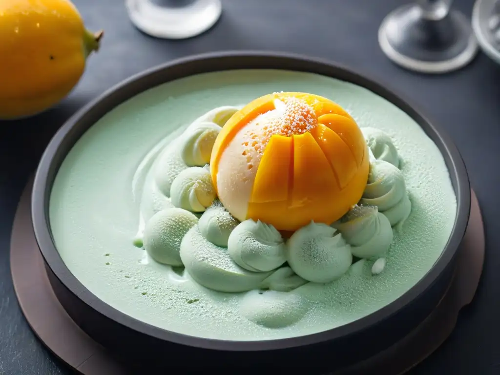 Una esfera cristalina de caviar de mango sobre helado de vainilla, combinando texturas en postres moleculares