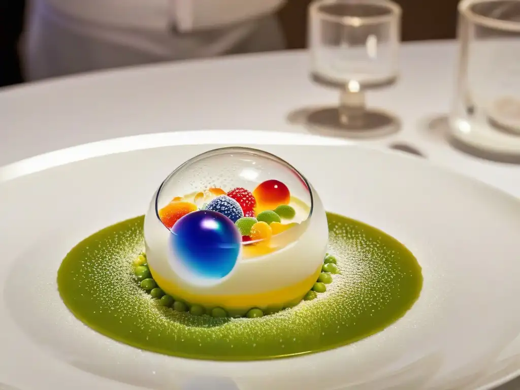 Esfera gastronómica: Arte culinario molecular en acción Esfera delicada de burbujas comestibles en cocina de repostería molecular para principiantes