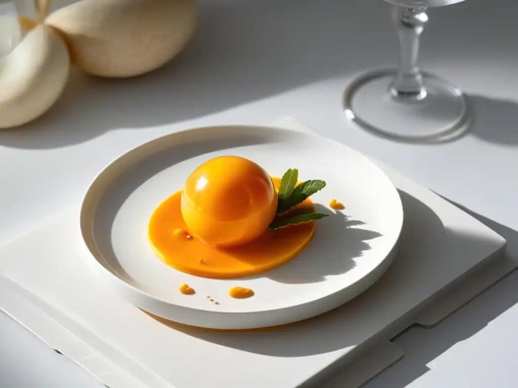 Una esferificación de mango brillante sobre un plato blanco, reflejando elegancia