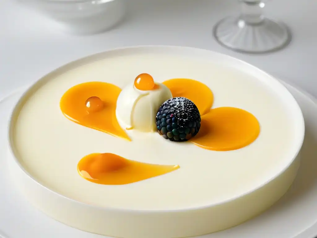 Esferificaciones en postres para principiantes: Mango caviar sobre panna cotta, detalle de esferificaciones brillantes y textura suave