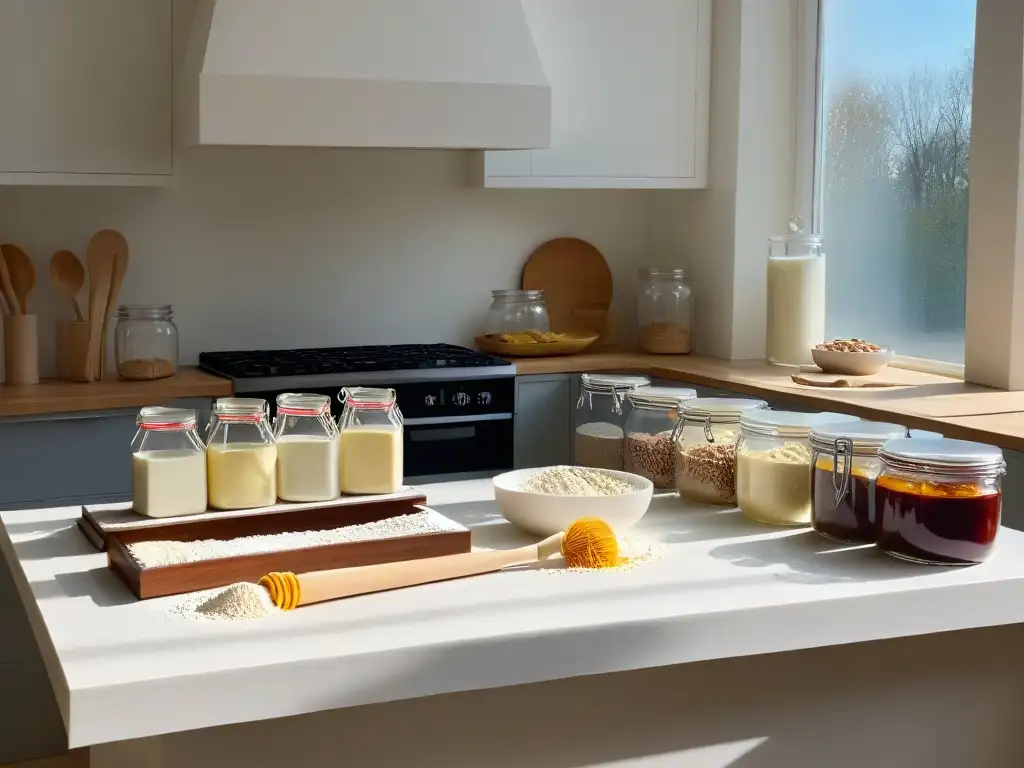 Un espacio de cocina blanco impecable con ingredientes de repostería sin alérgenos organizados en tarros de vidrio, cursos online