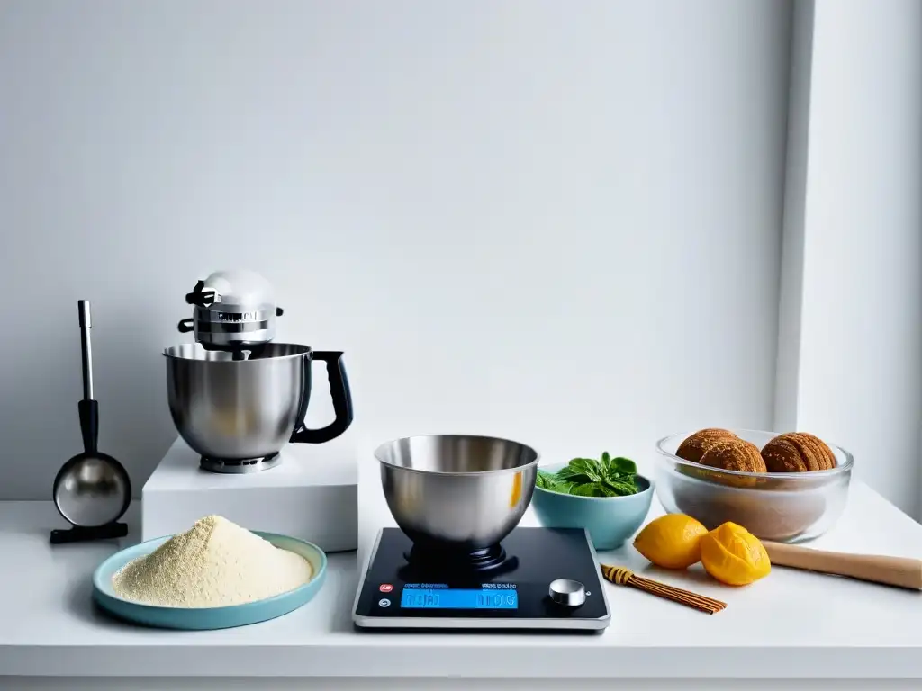 Un espacio de cocina blanco impecable con utensilios de repostería de alta calidad ordenados