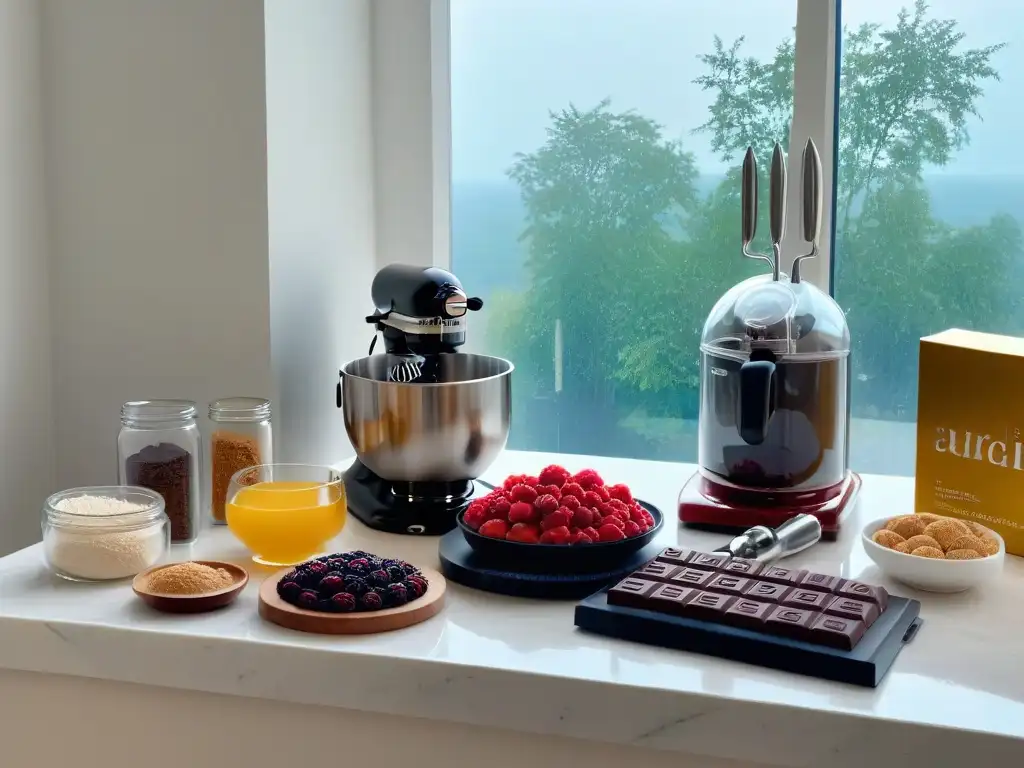 Un espacio de cocina blanco impecable con utensilios de repostería experto y alimentos frescos