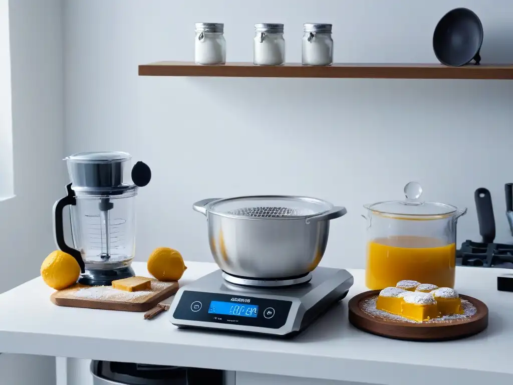 Un espacio de cocina blanco impecable con gadgets innovadores para repostería brillando bajo una suave iluminación natural