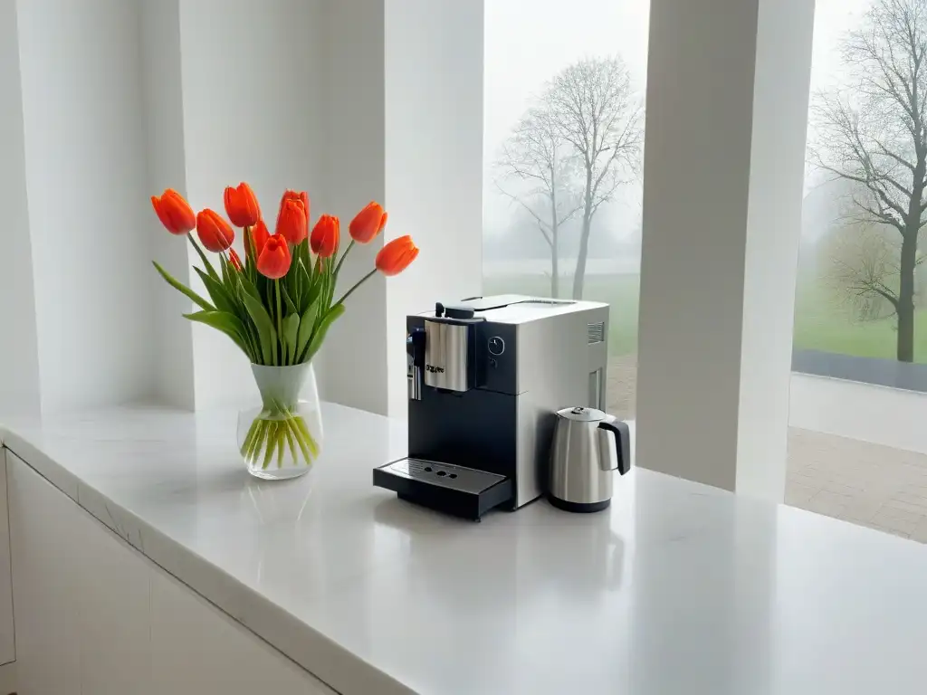 Cocina minimalista: luz natural sobre mármol y tulipán Espacio de cocina minimalista con decoraciones minimalistas, repostería y arte culinario