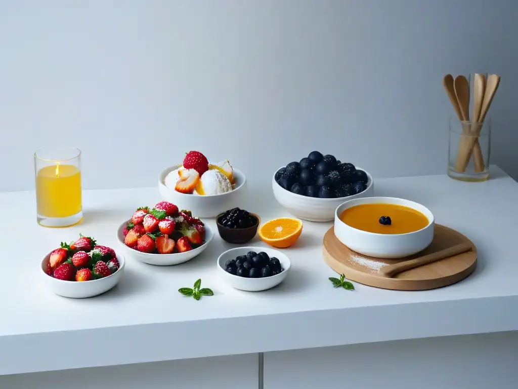 Un espacio de cocina minimalista con detalles finos, utensilios artesanales y frutas frescas