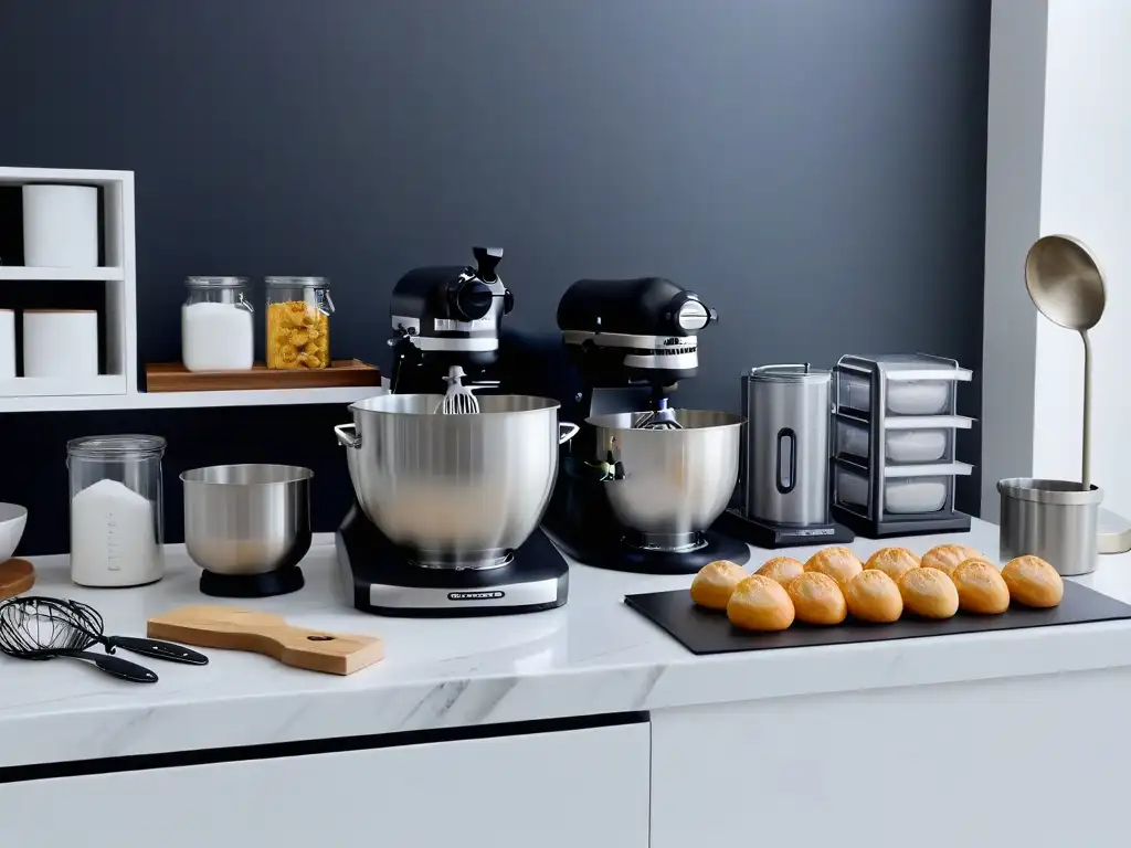 Espacio de cocina minimalista para organización eficiente en repostería con utensilios y ingredientes ordenados