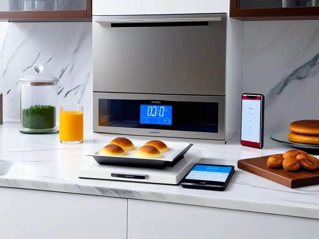 Moderna cocina de alta tecnología para repostería creativa Un espacio de cocina moderna con gadgets de repostería de alta tecnología y una app innovadora para técnicas modernas de repostería