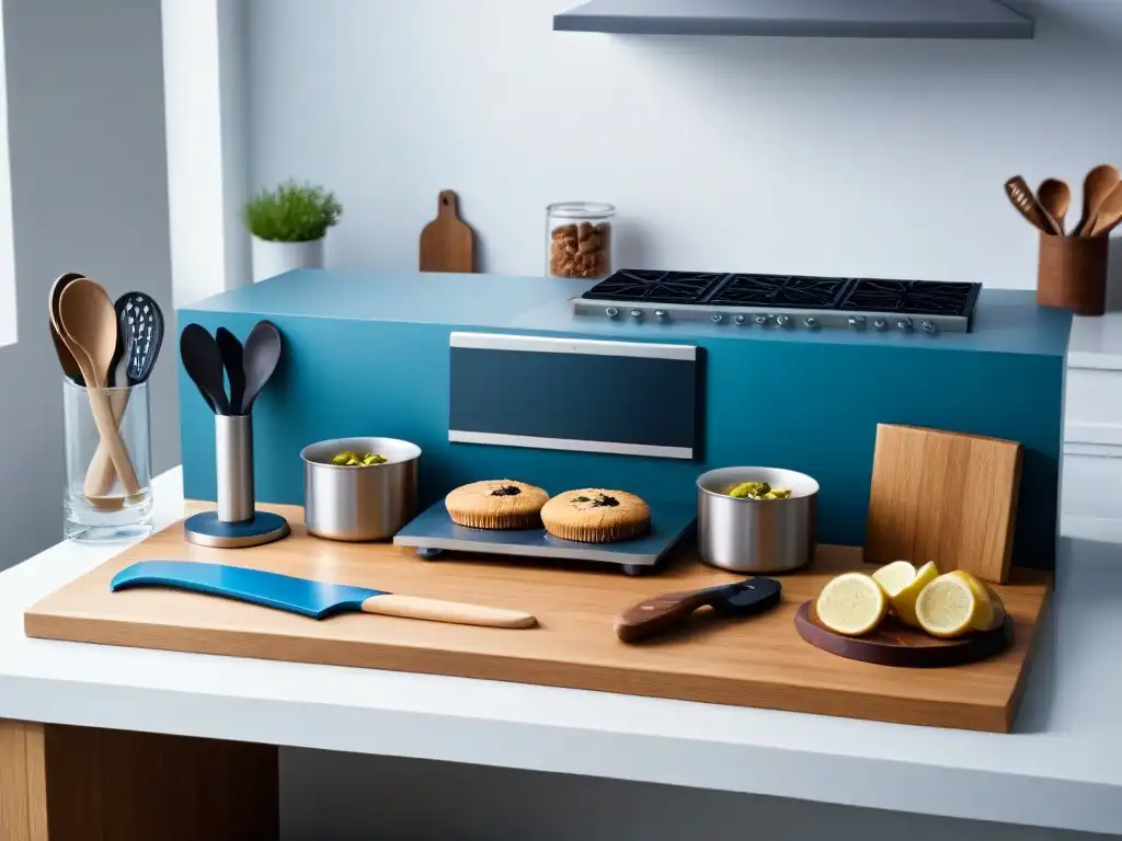 Un espacio de cocina moderno adaptado para túnel carpiano, con diseño ergonómico en tonos neutros y toques de azules y verdes