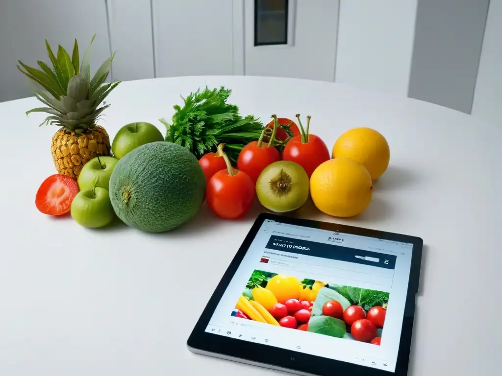 Un espacio de cocina moderno con frutas frescas, libros de recetas y una tablet mostrando Apps para recetas fit saludables