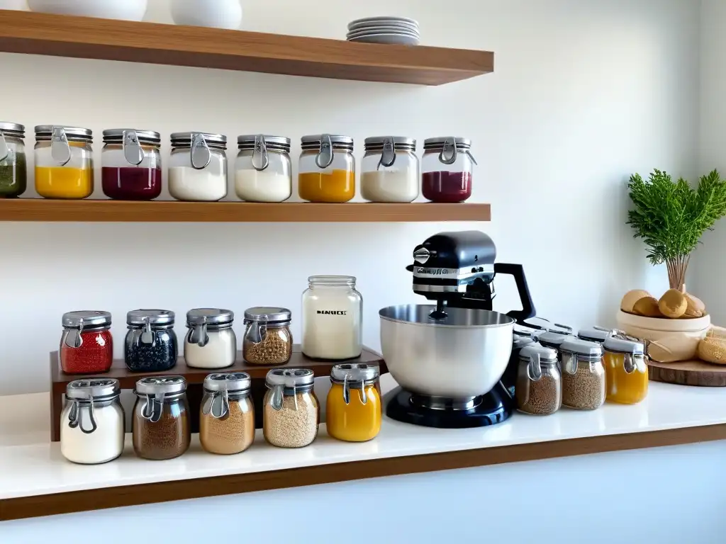 Un espacio de cocina moderno y sereno, iluminado con luz natural, mostrando elegantes encimeras de mármol y estantes de madera minimalistas con ingredientes de repostería organizados en frascos de vidrio, destacando una impecable batidora KitchenAid blanca