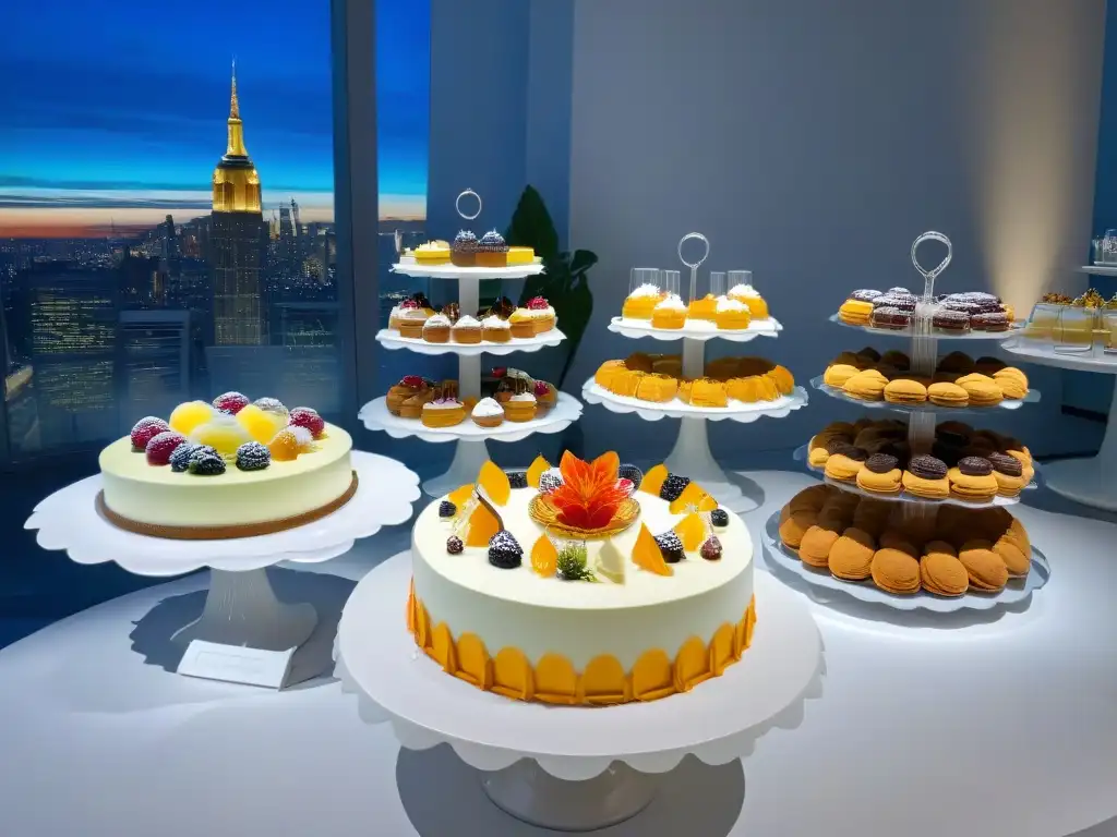 Un espacio corporativo moderno y elegante para eventos, con postres exquisitos en mesas redondas