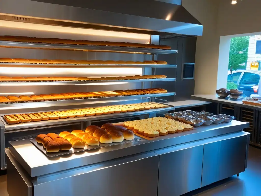 Espacio de panadería moderno y sostenible con utensilios organizados y deliciosos pasteles recién horneados en estantes de madera