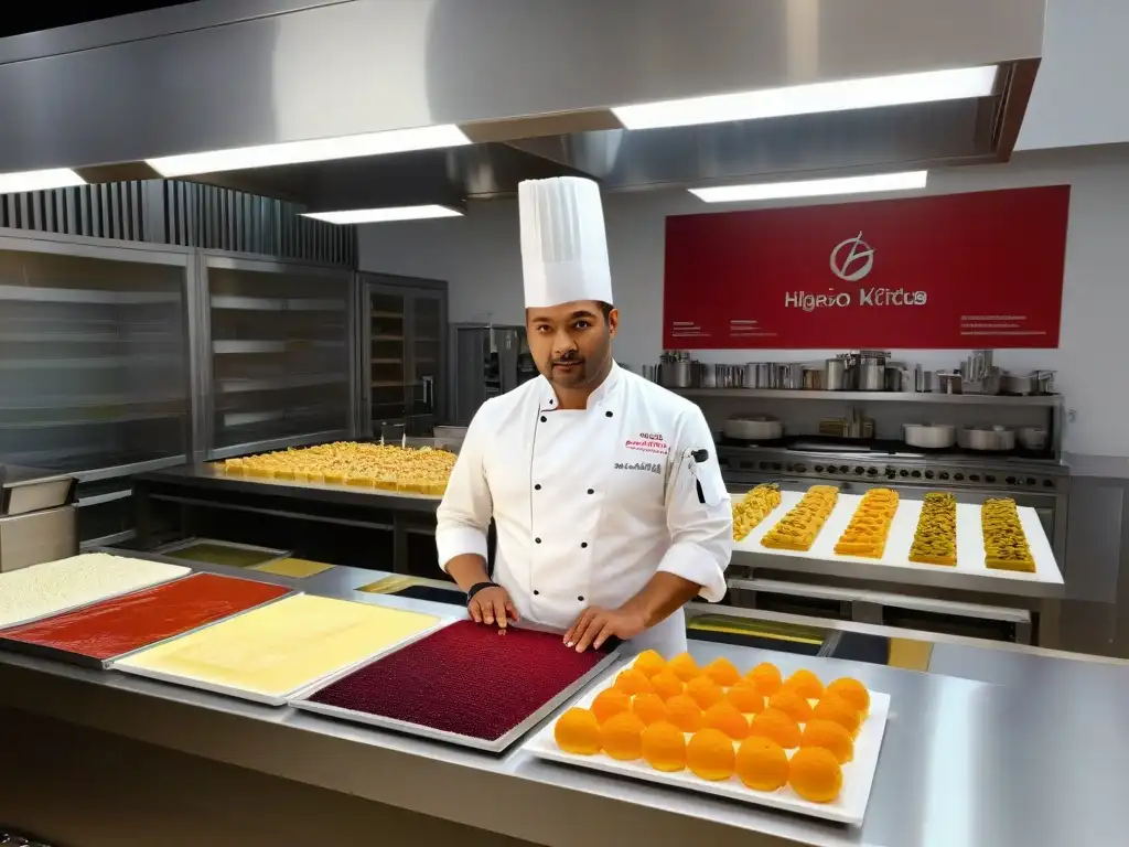 Un espacio de pastelería moderna con ingredientes coloridos y utensilios de precisión, donde un chef reinventa postres tradicionales gourmet