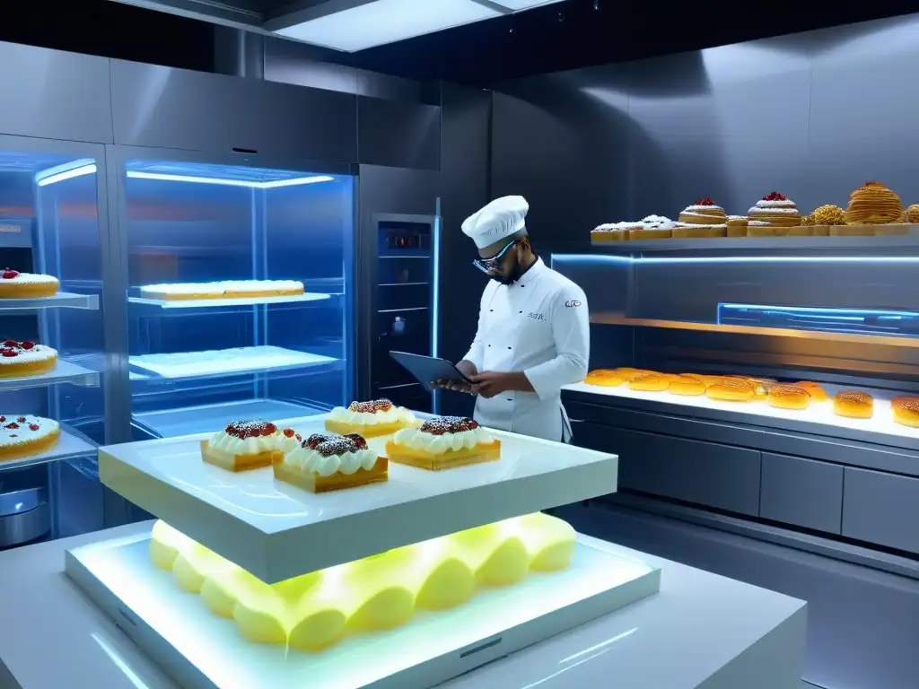 Un espacio de repostería futurista con tecnología de Realidad Aumentada integrada en un diseño elegante y minimalista