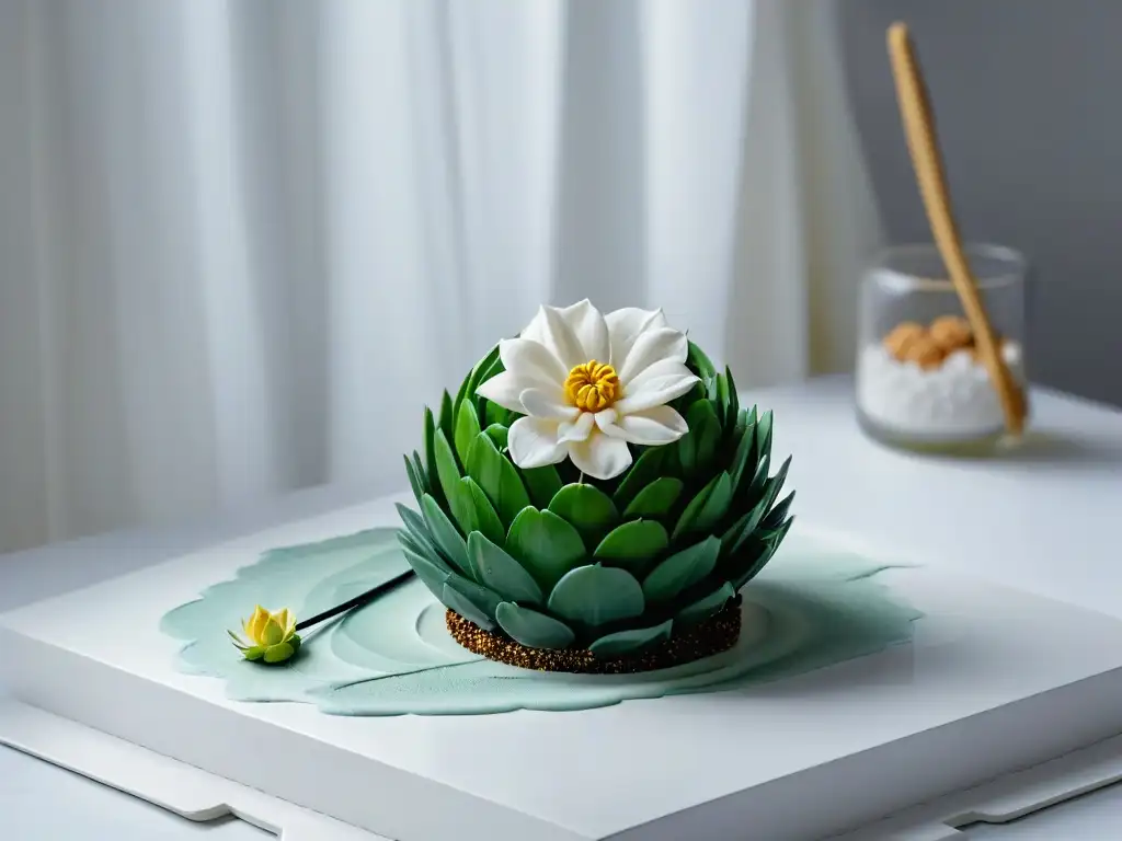 Un espacio sereno y minimalista para crear esculturas de azúcar paso a paso, con herramientas y una flor en progreso