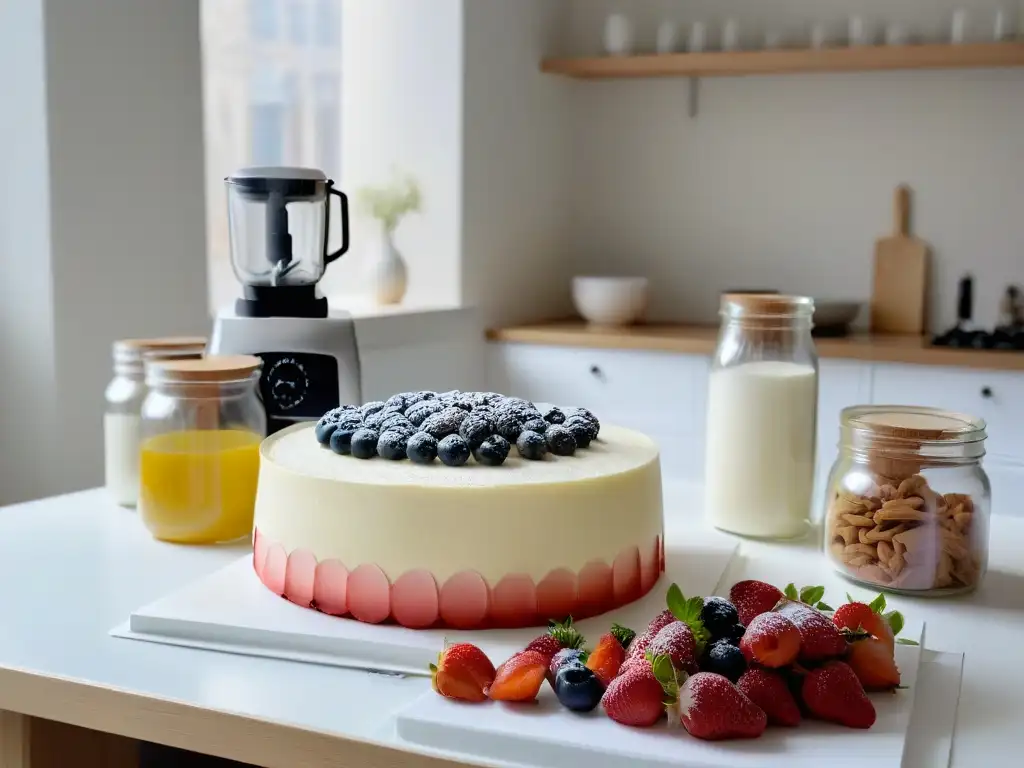 Espaciosa cocina moderna con ingredientes de repostería sin gluten en una atmósfera serena y inspiradora de sabores y texturas