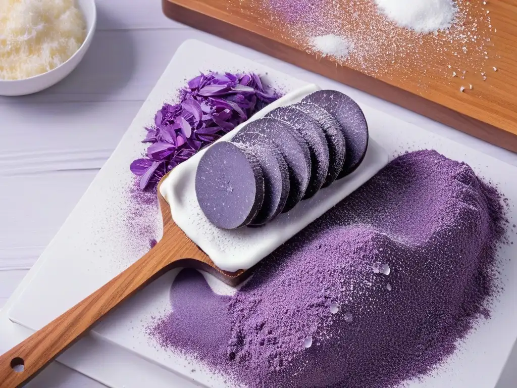 Espátula de madera sobre polvo morado de ñame ube, coco y leche condensada