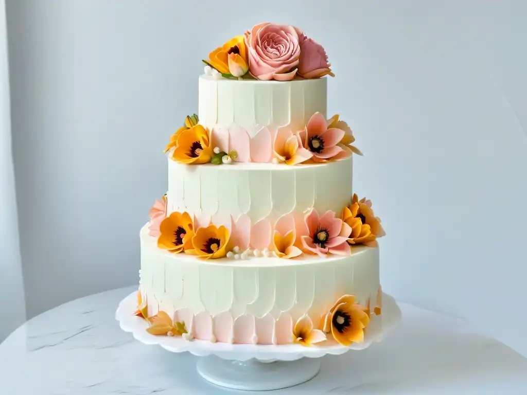 Un espectacular bizcocho de boda de tres niveles decorado con flores de azúcar en tonos pastel