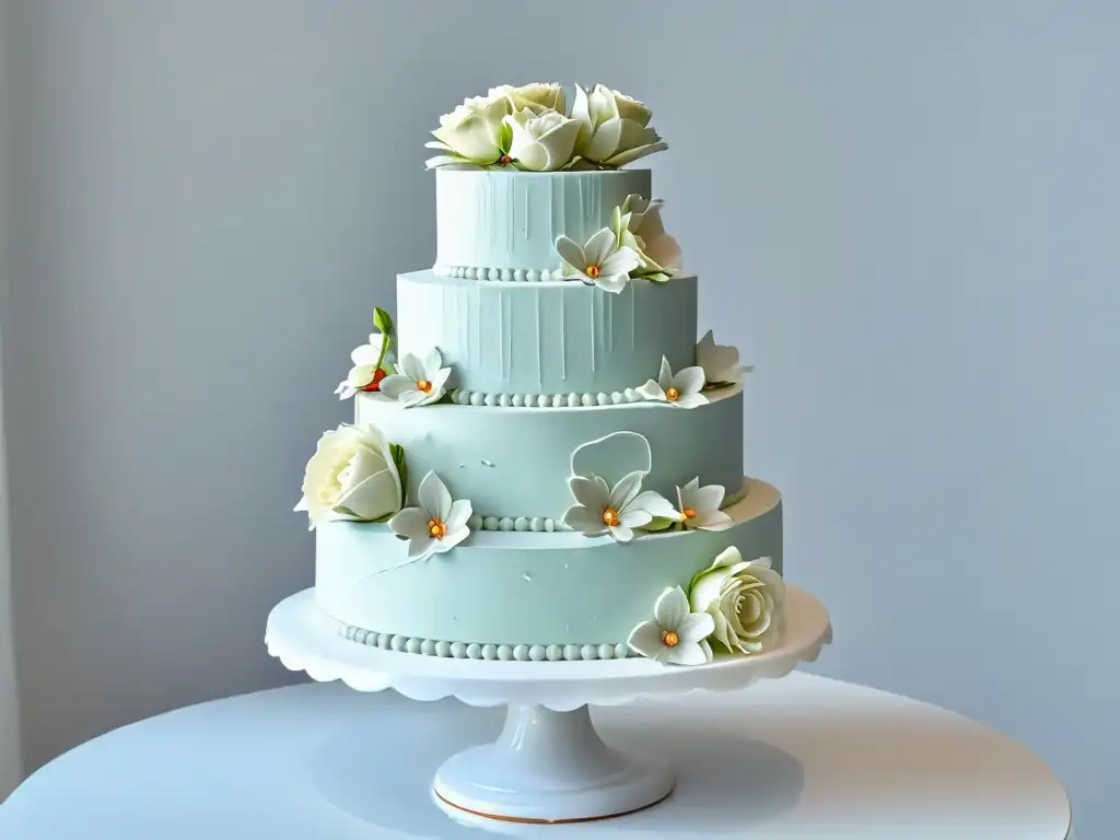 Exquisita tarta de boda decorada con flores de azúcar y detalles metálicos Espectacular pastel de bodas decorado con flores de azúcar y detalles metálicos, en un elegante soporte, destacando talento en repostería