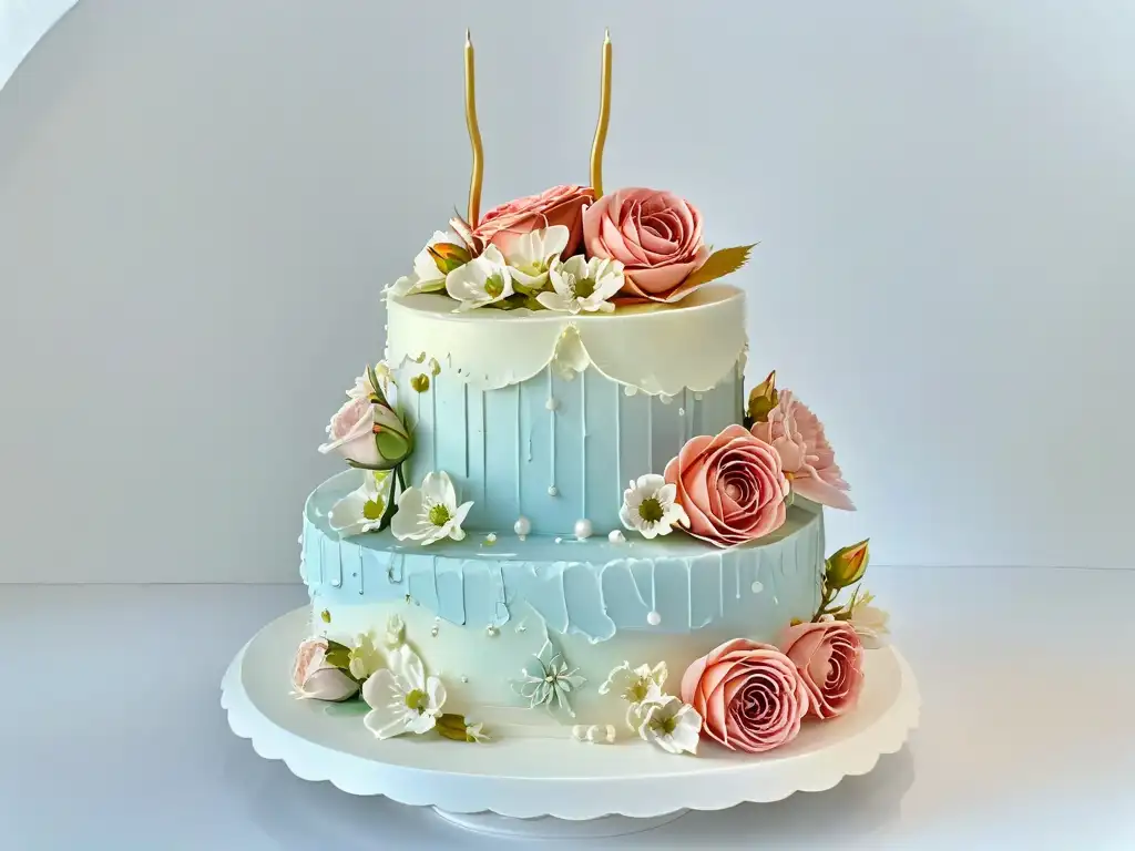 Espectacular pastel de tres pisos con decoración elaborada de rosas delicadas y encajes en tonos pasteles, ideal para concursos de repostería