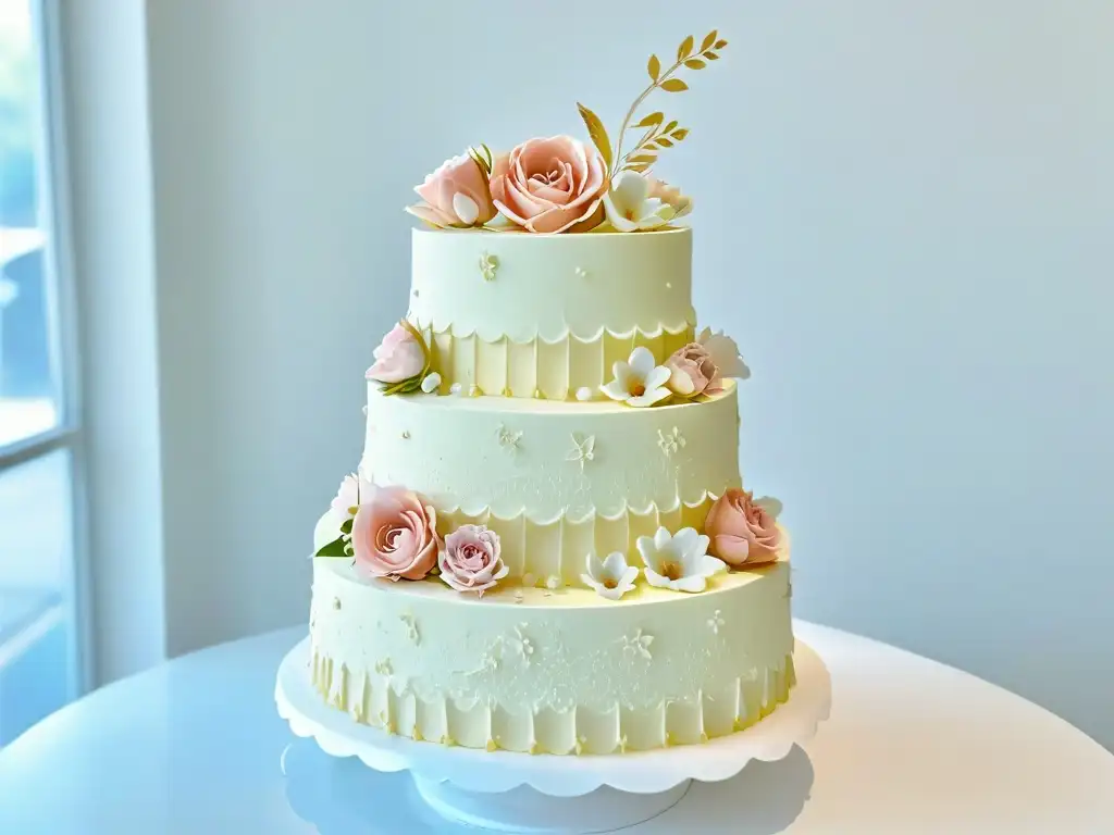 Espectacular torta de bodas decorada con encaje de fondant, flores de azúcar y detalles dorados, exhibida en un pedestal blanco