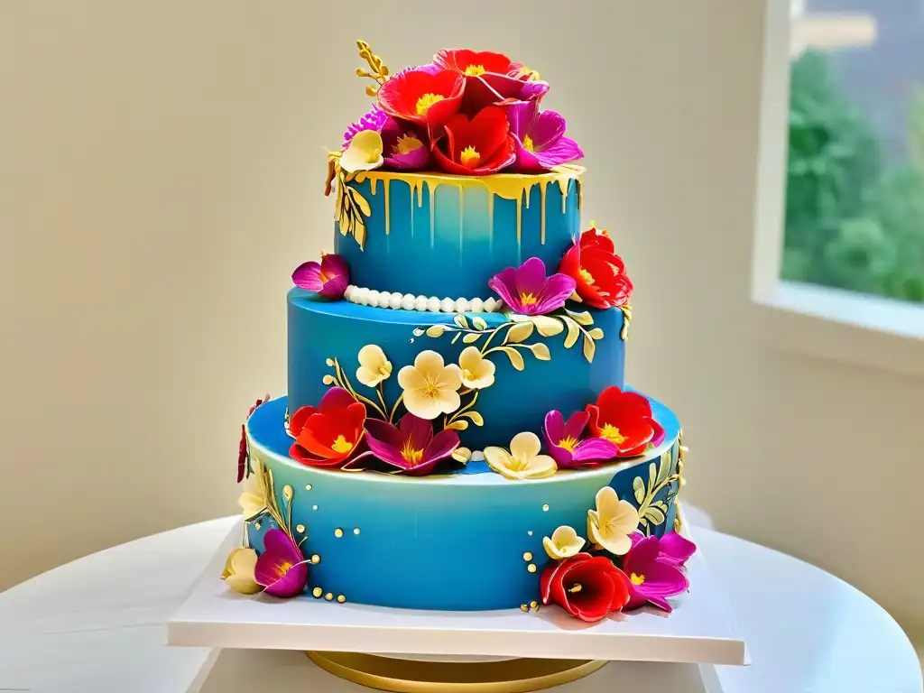 Espectacular torta de bodas con decoración detallada y colorida en talleres de repostería