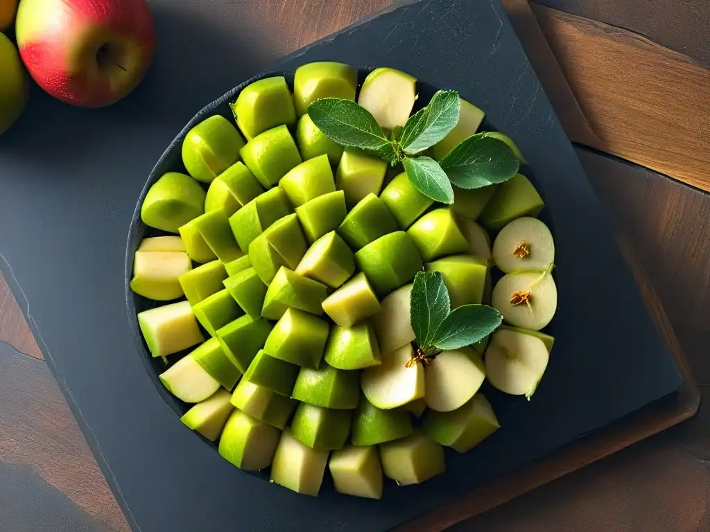 Una espiral perfecta de manzanas verdes y rojas, con miel, sobre granito negro