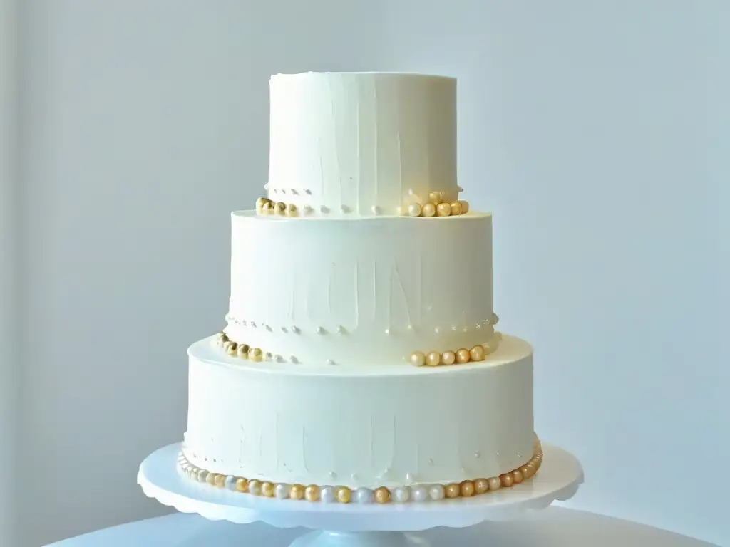 Espléndido pastel de bodas blanco con perlas doradas y decoraciones de oro comestible, destacando la artesanía