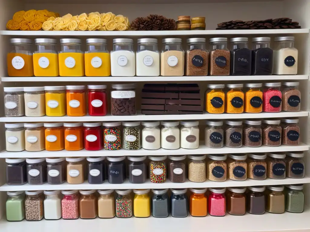 Despensa organizada: ingredientes para hornear en tarros de vidrio Estantería de despensa organizada para repostería creativa con tarros de vidrio y etiquetas de caligrafía elegante