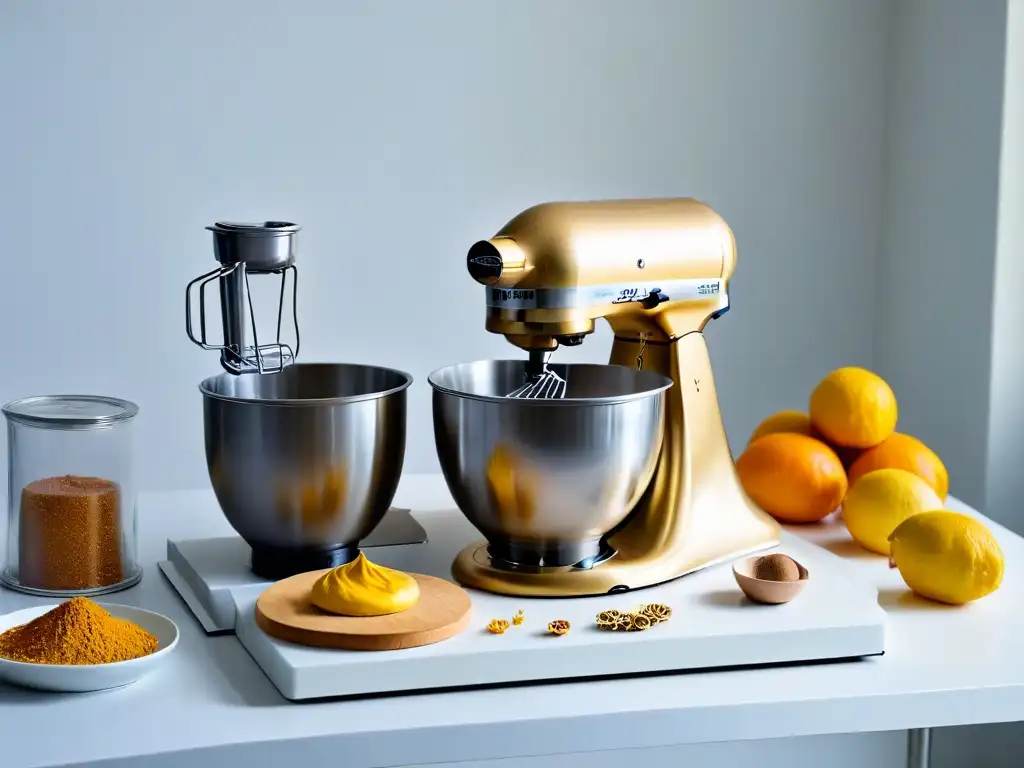 Moderna cocina de repostería: equipos de última generación en mármol Estética moderna en cocina de repostería con equipos avanzados, organizados con precisión en encimera de mármol