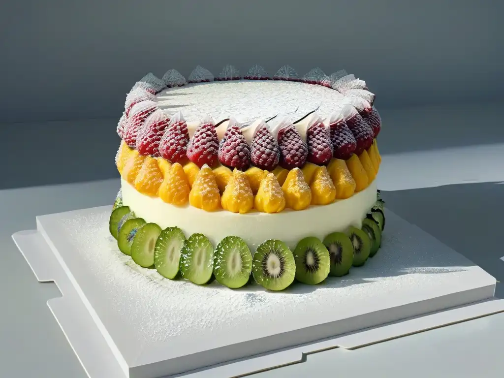 Una estructura molecular transparente hecha de frutas y verduras vibrantes, fusionando repostería molecular y veganismo