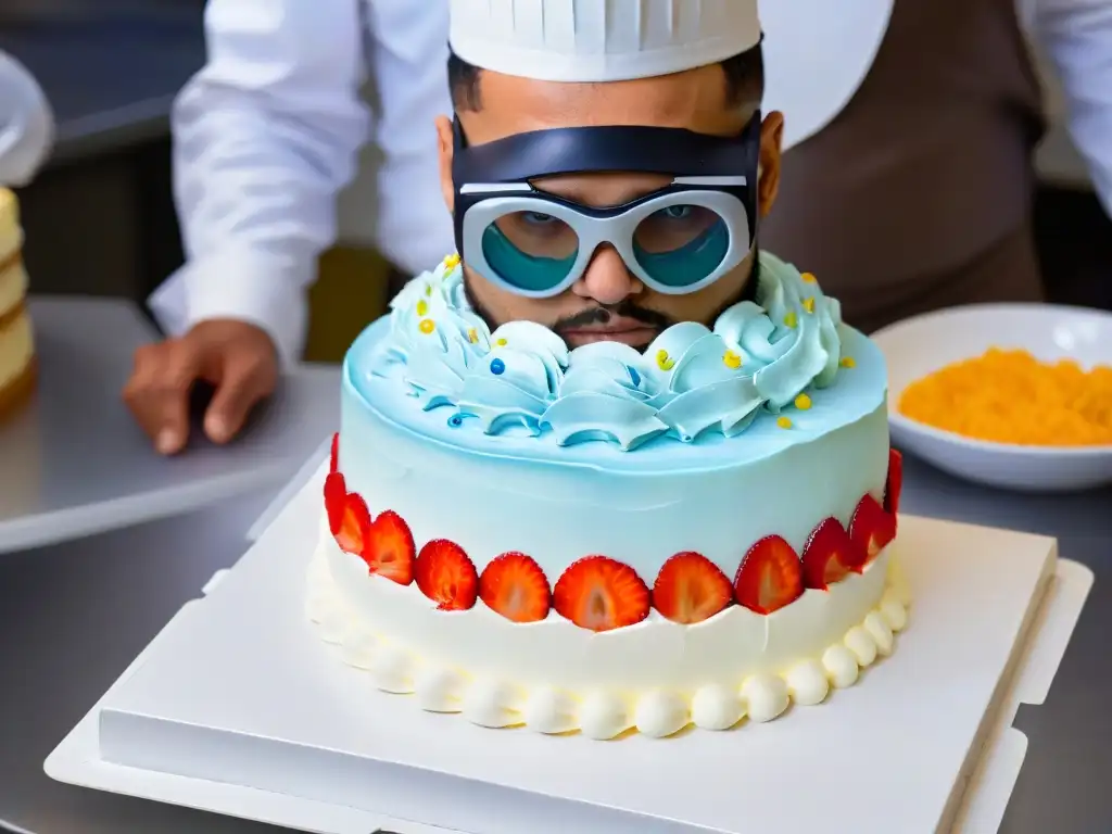 Estudiante en uniforme de chef usando Realidad Aumentada en repostería para decorar un pastel intrincado