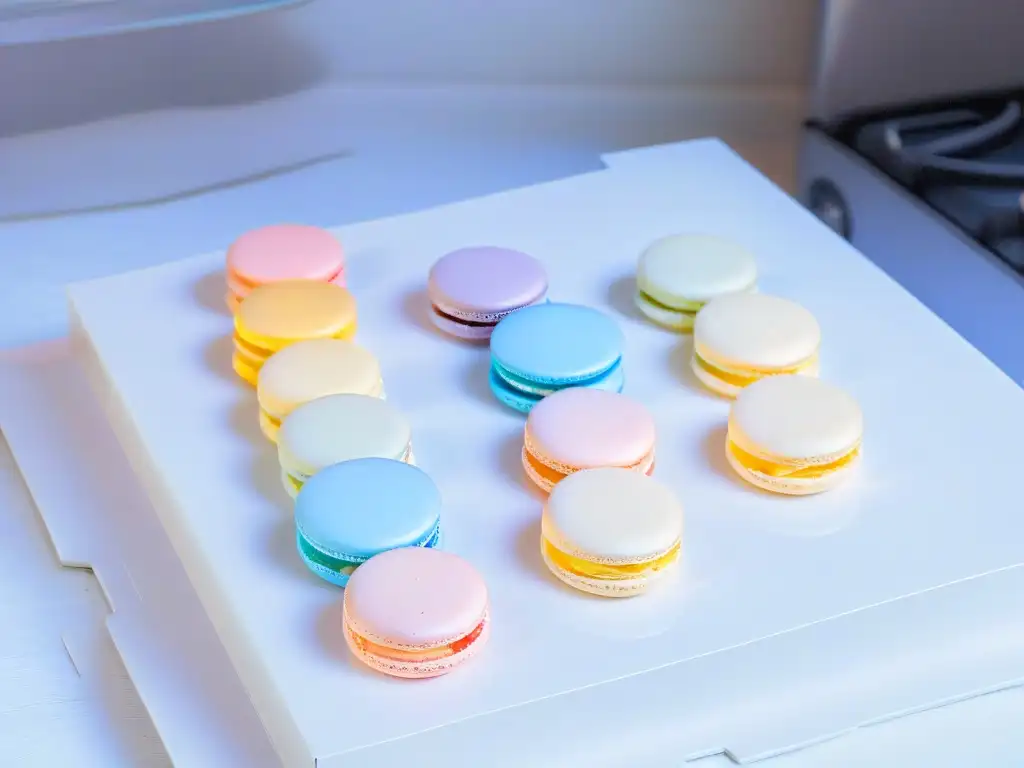 Una estufa de inducción moderna y elegante iluminada en azul, con macarons coloridos perfectamente alineados, ideal para repostería creativa