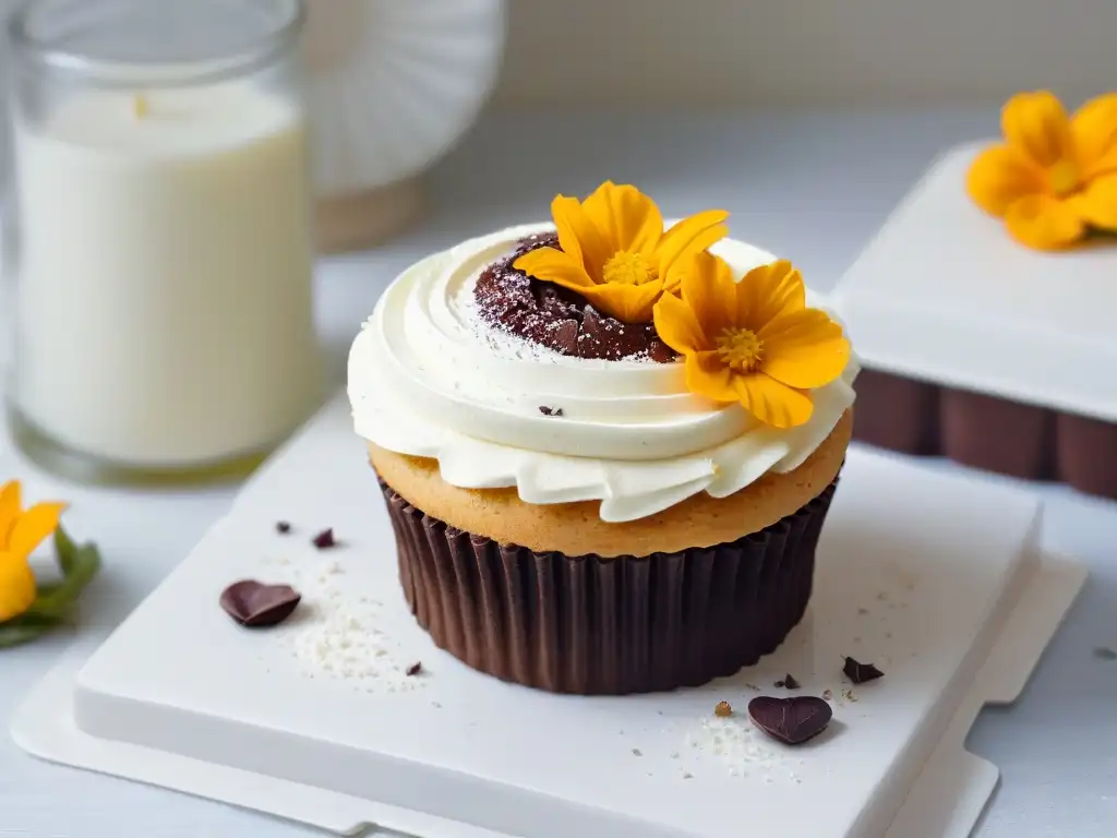 Conexión repostería ética: delicado cupcake vegano con flores comestibles y ingredientes éticos en elegante encimera de mármol