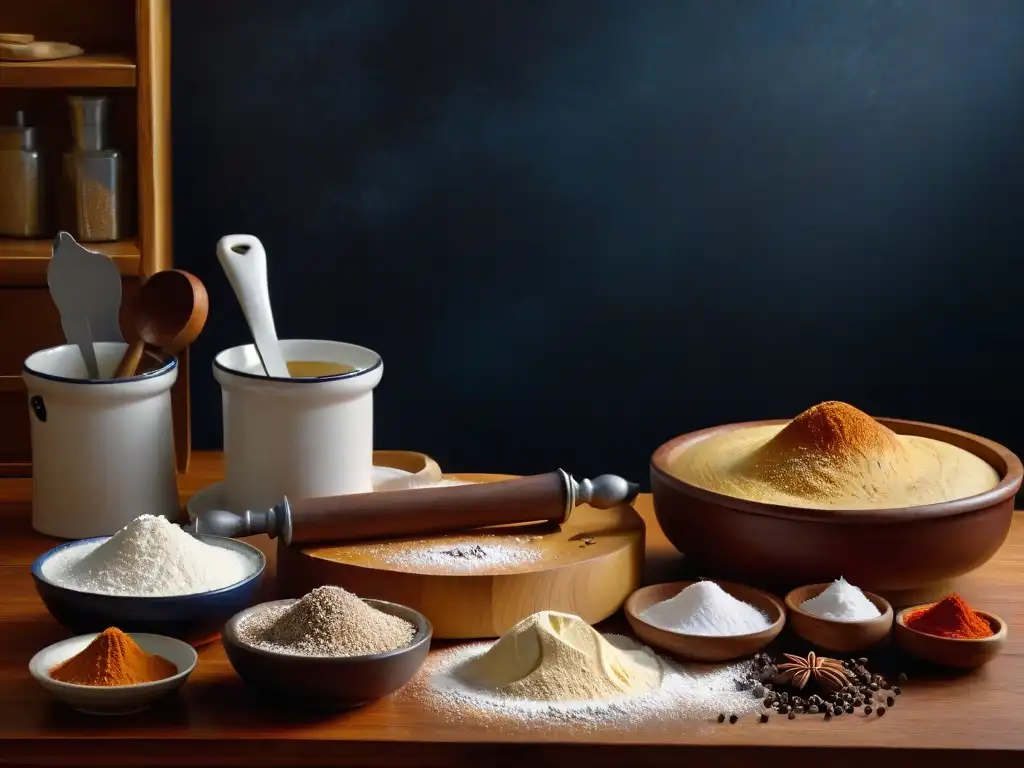 Una evocadora escena de utensilios y ingredientes de repostería antiguos, en una mesa rústica iluminada por luz natural