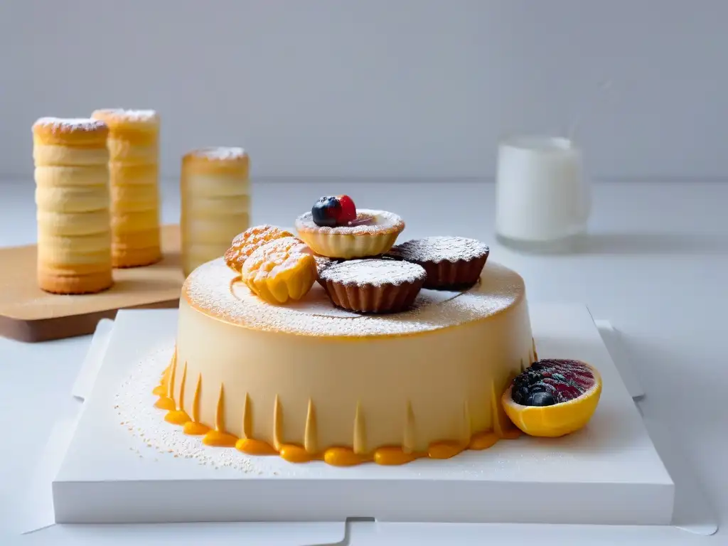 Una exhibición elegante de repostería española tendencias globales: churros, flan, turrón, ensaimadas y panellets en un plato blanco