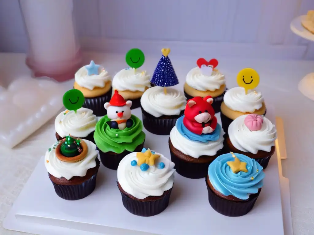 Una exhibición de cupcakes temáticos para fiestas infantiles, decorados con detalles intrincados y coloridos